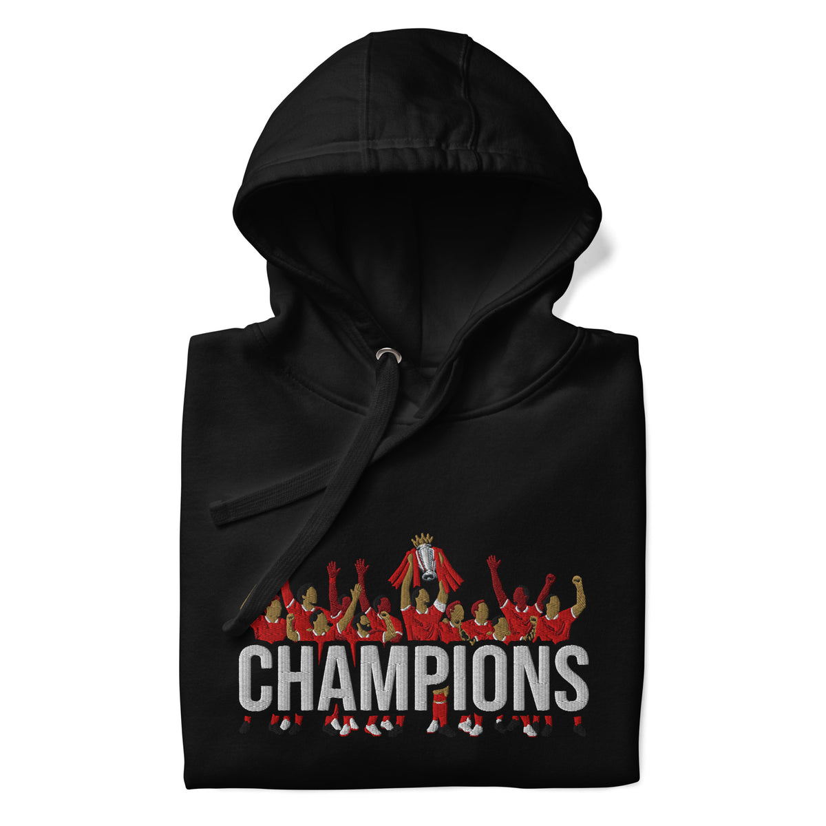 Liverpool-inspired black hoodie with trophy-lift embroidery and CHAMPIONS lettering