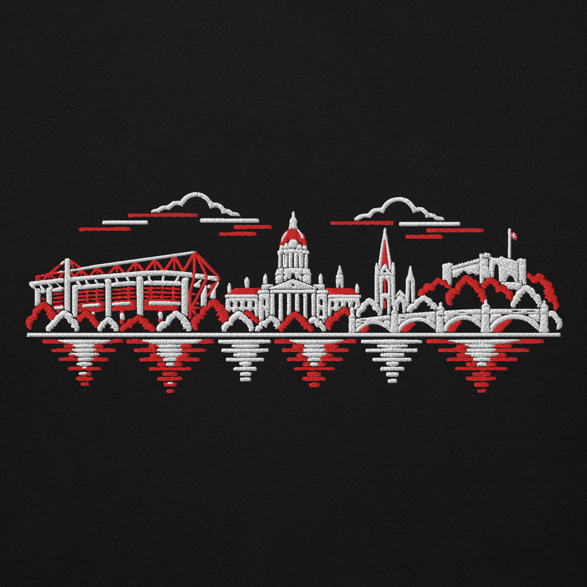 Nottingham Forest Inspired Nottingham Skyline Embroidered Football Hoodie in black – front view
