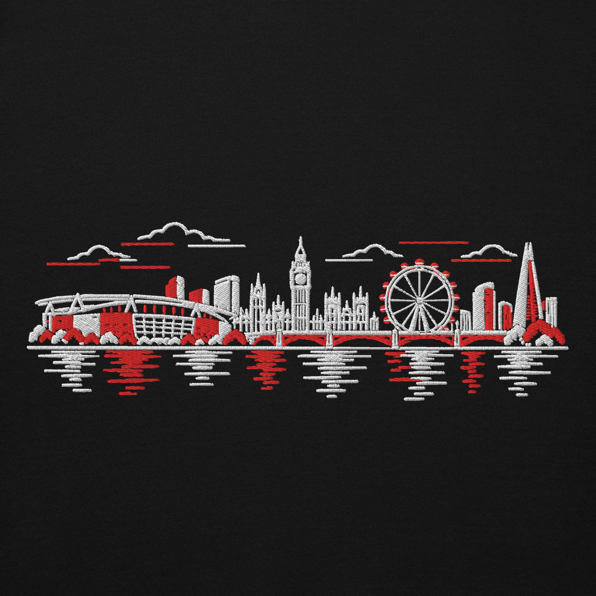 Arsenal Inspired North London Skyline Embroidered Football Hoodie in black – front view
