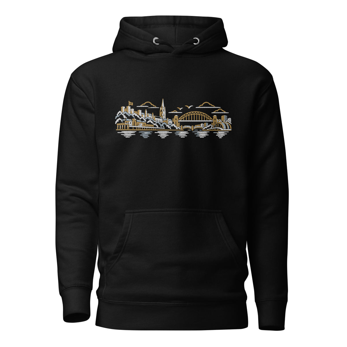 Newcastle United Inspired Newcastle Skyline Embroidered Football Hoodie in black – front view