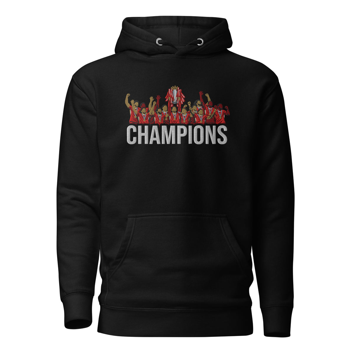 Liverpool inspired 2024/25 Premier League Champions trophy celebration embroidered hoodie in black, embroidery and garment detail view