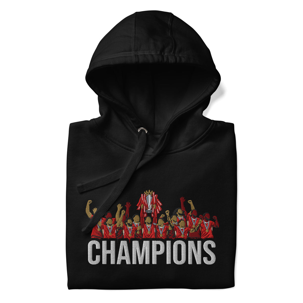Liverpool inspired 2024/25 Premier League Champions trophy celebration embroidered hoodie in black, front product view