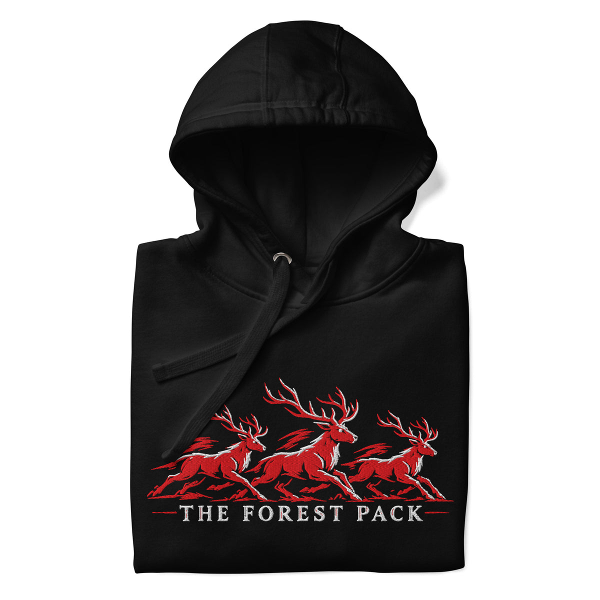 Nottingham Forest inspired Forest Pack red stags embroidered football hoodie in black, embroidery and garment detail view