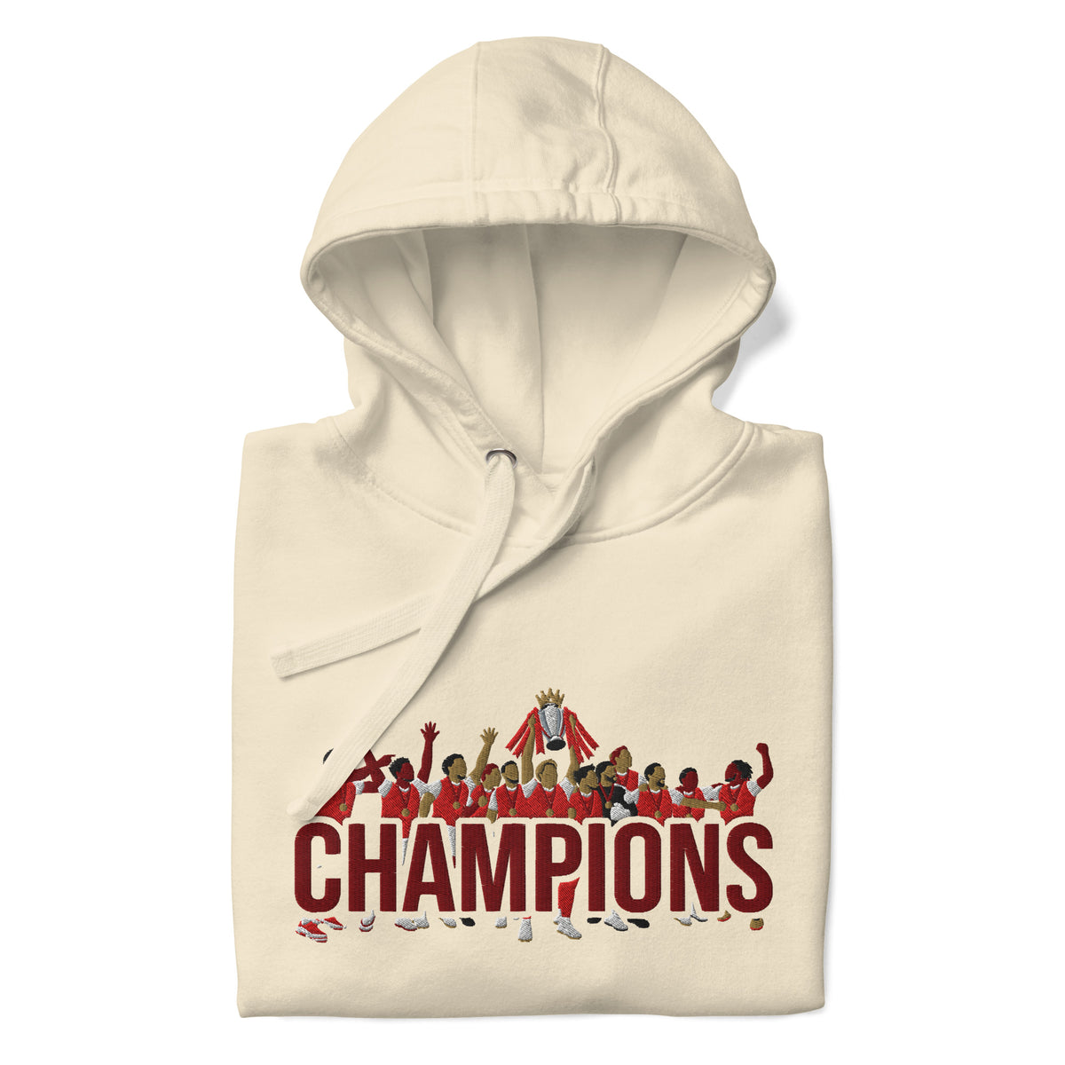 Folded hood-up view of Arsenal-inspired bone hoodie with trophy-lift embroidery and CHAMPIONS lettering