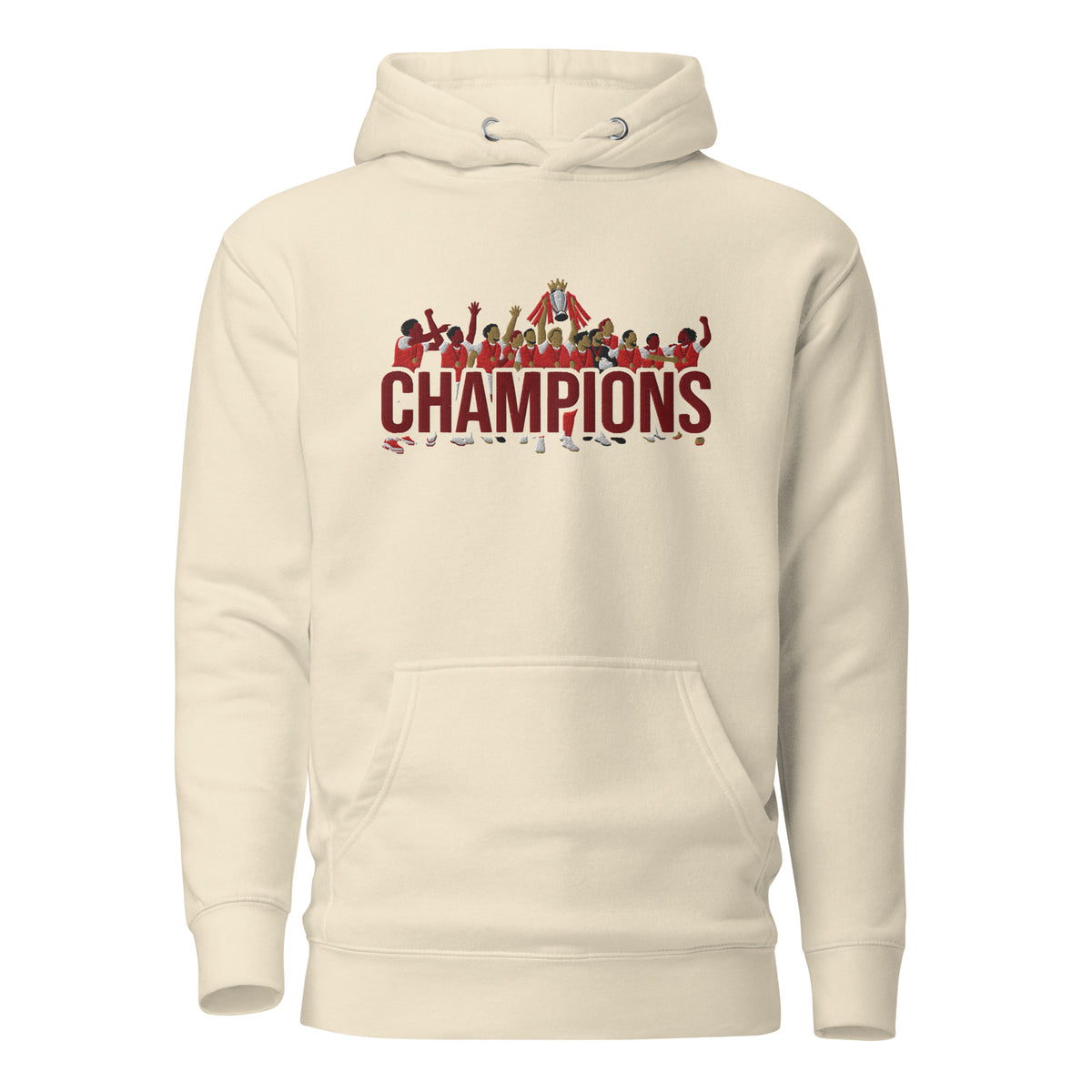 Full front view of Arsenal-inspired bone hoodie with trophy-lift embroidery and CHAMPIONS lettering