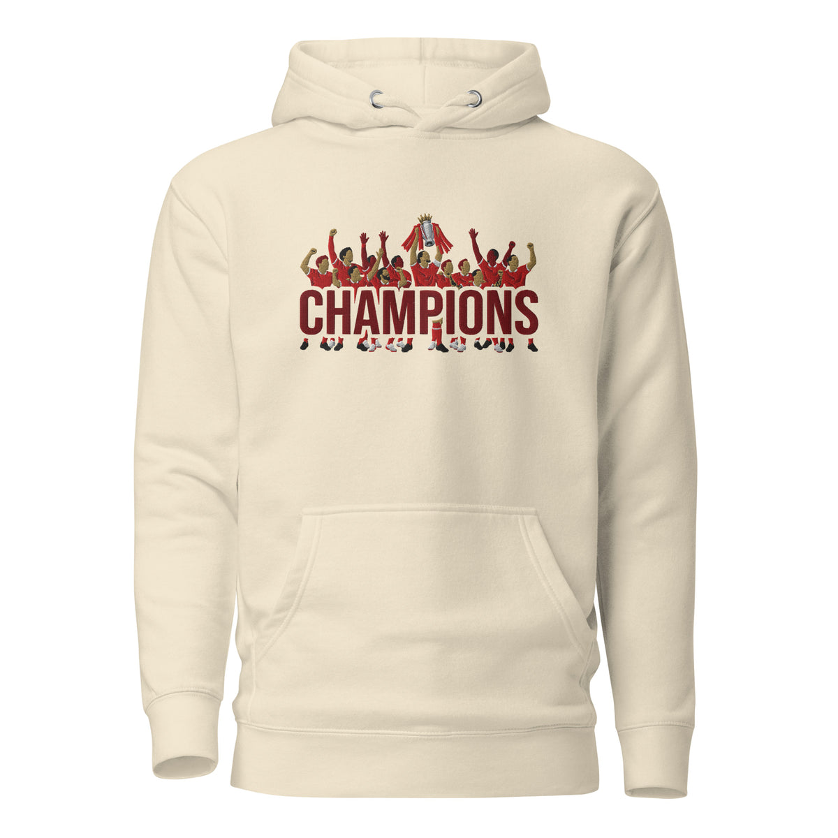 Liverpool-inspired bone hoodie with trophy-lift embroidery and CHAMPIONS lettering