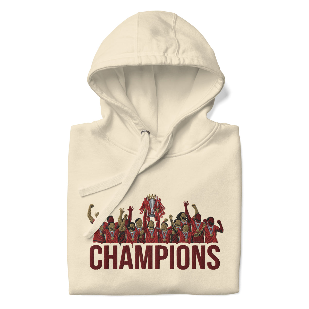 Liverpool inspired 2024/25 Premier League Champions trophy celebration embroidered hoodie in bone, front product view