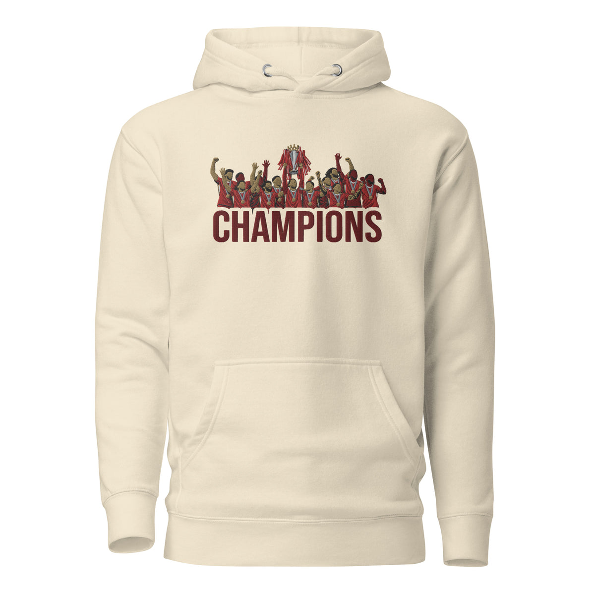 Liverpool inspired 2024/25 Premier League Champions trophy celebration embroidered hoodie in bone, embroidery and garment detail view