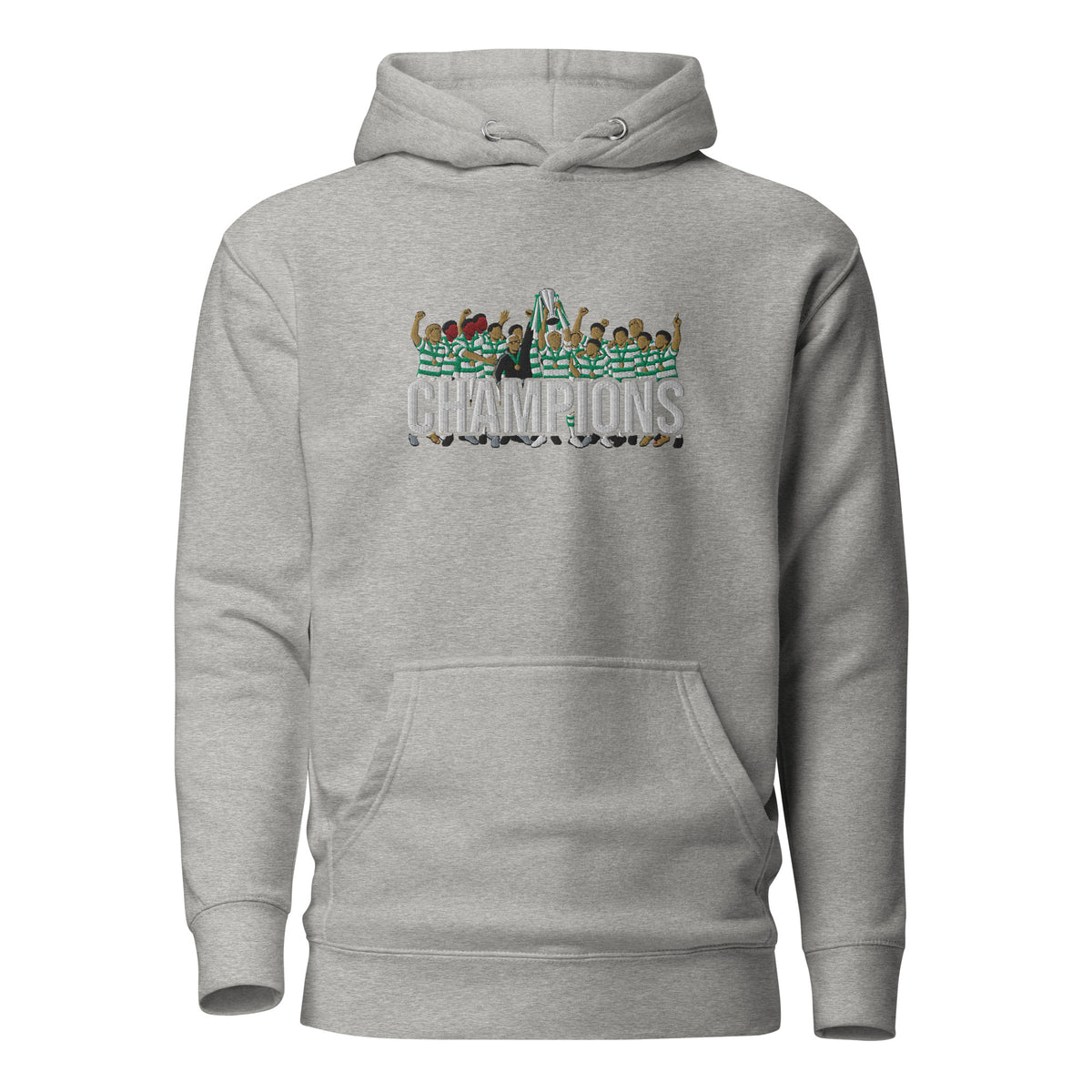 Full front view of Celtic-inspired carbon grey hoodie with trophy-lift embroidery and CHAMPIONS lettering
