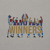 Embroidery close-up of Crystal Palace-inspired carbon grey hoodie with trophy-lift embroidery and WINNERS lettering