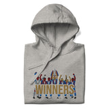 Folded hood-up view of Crystal Palace-inspired carbon grey hoodie with trophy-lift embroidery and WINNERS lettering