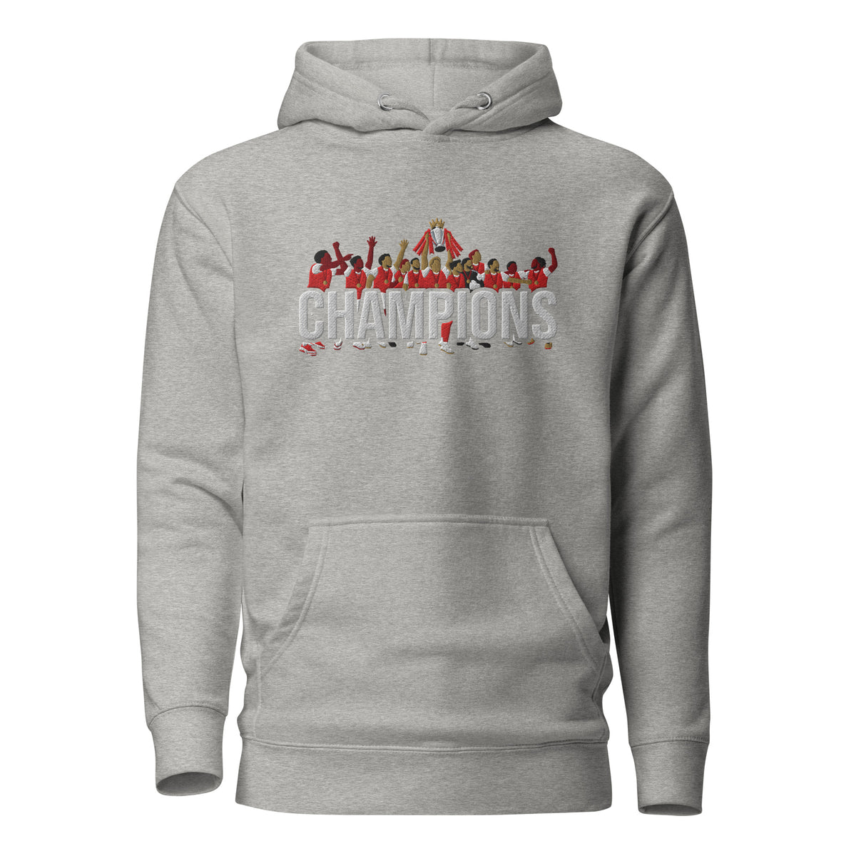 Arsenal-inspired carbon grey hoodie with trophy-lift embroidery and CHAMPIONS lettering