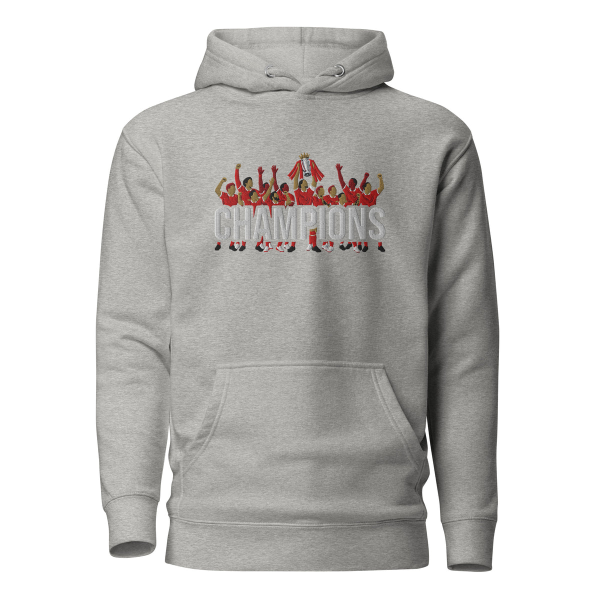 Liverpool-inspired carbon grey hoodie with trophy-lift embroidery and CHAMPIONS lettering