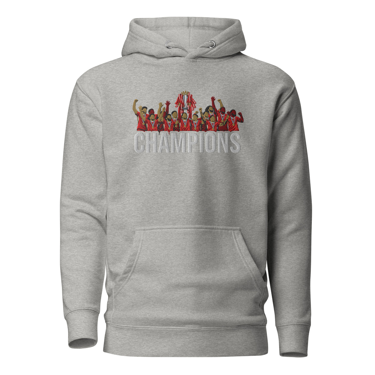 Liverpool inspired 2024/25 Premier League Champions trophy celebration embroidered hoodie in carbon grey, embroidery and garment detail view