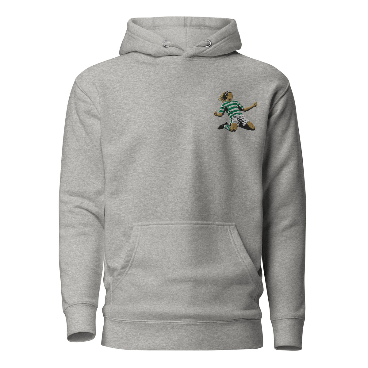 Henrik Larsson inspired Celtic embroidered football hoodie in carbon grey, front view alternate mockup