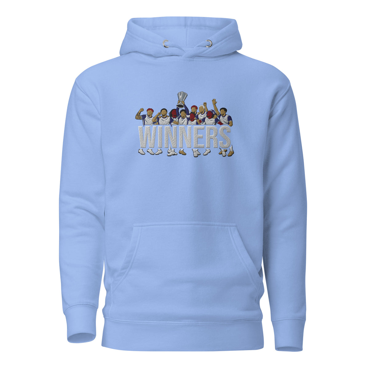 Tottenham Hotspur-inspired carolina blue hoodie with trophy-lift embroidery and WINNERS lettering