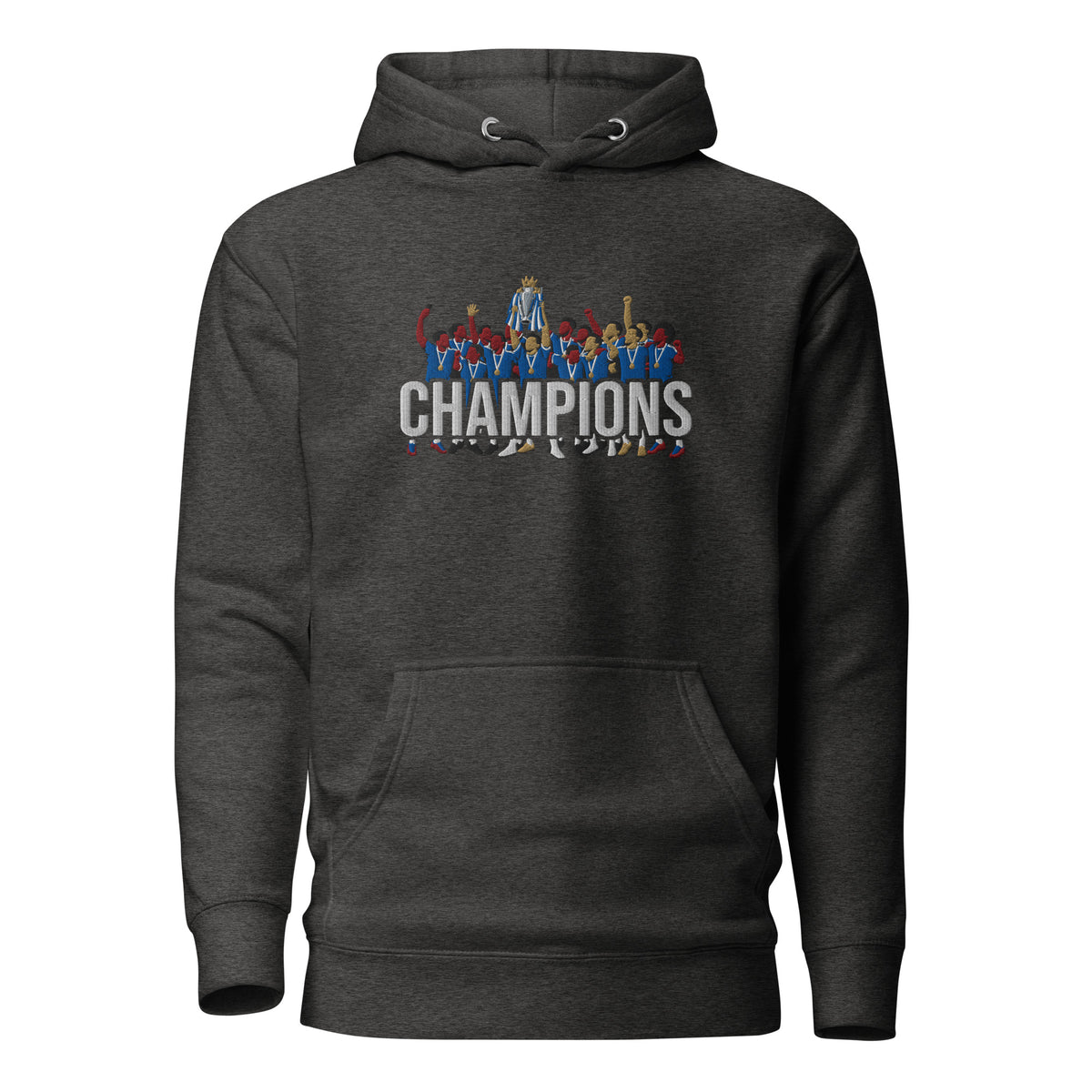 Full front view of Chelsea-inspired charcoal heather hoodie with trophy-lift embroidery and CHAMPIONS lettering