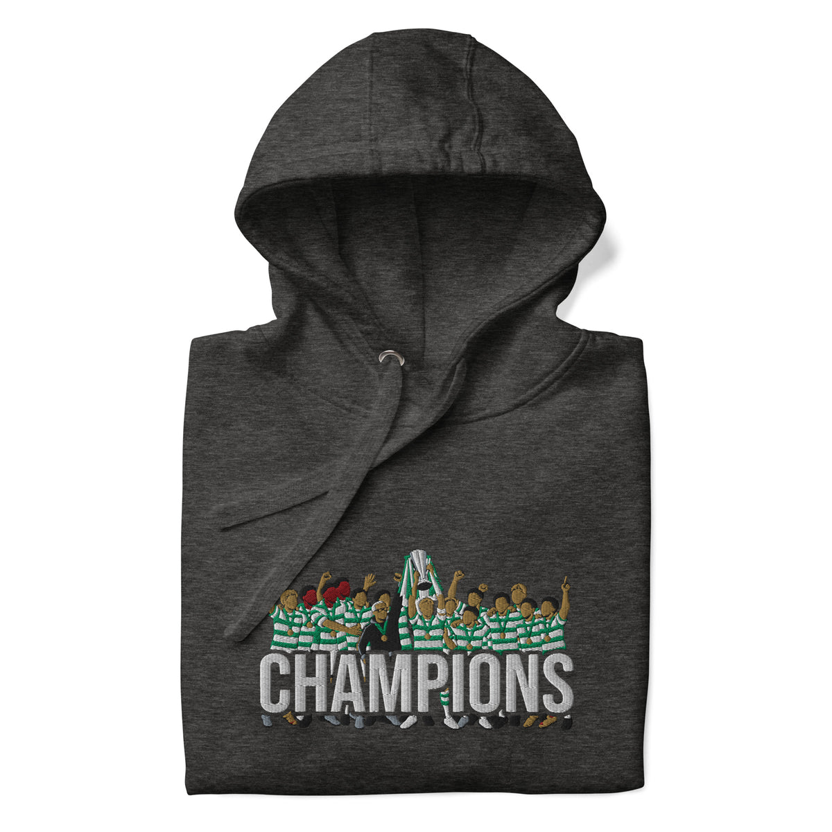 Folded hood-up view of Celtic-inspired charcoal heather hoodie with trophy-lift embroidery and CHAMPIONS lettering