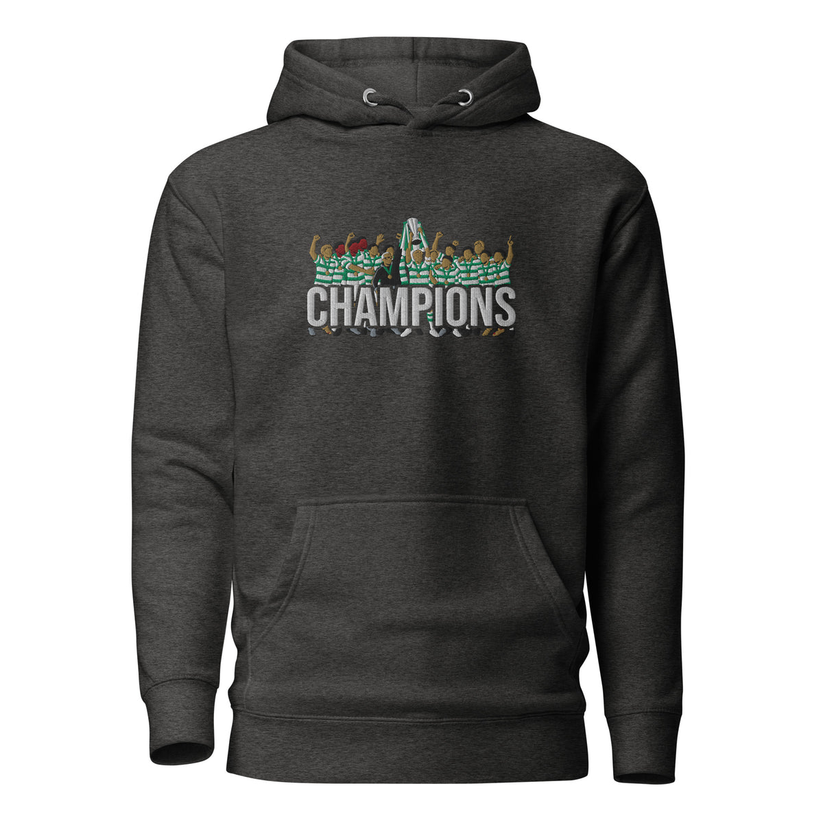 Full front view of Celtic-inspired charcoal heather hoodie with trophy-lift embroidery and CHAMPIONS lettering