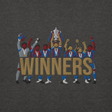 Embroidery close-up of Crystal Palace-inspired charcoal heather hoodie with trophy-lift embroidery and WINNERS lettering