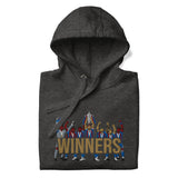 Folded hood-up view of Crystal Palace-inspired charcoal heather hoodie with trophy-lift embroidery and WINNERS lettering