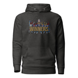 Full front view of Crystal Palace-inspired charcoal heather hoodie with trophy-lift embroidery and WINNERS lettering