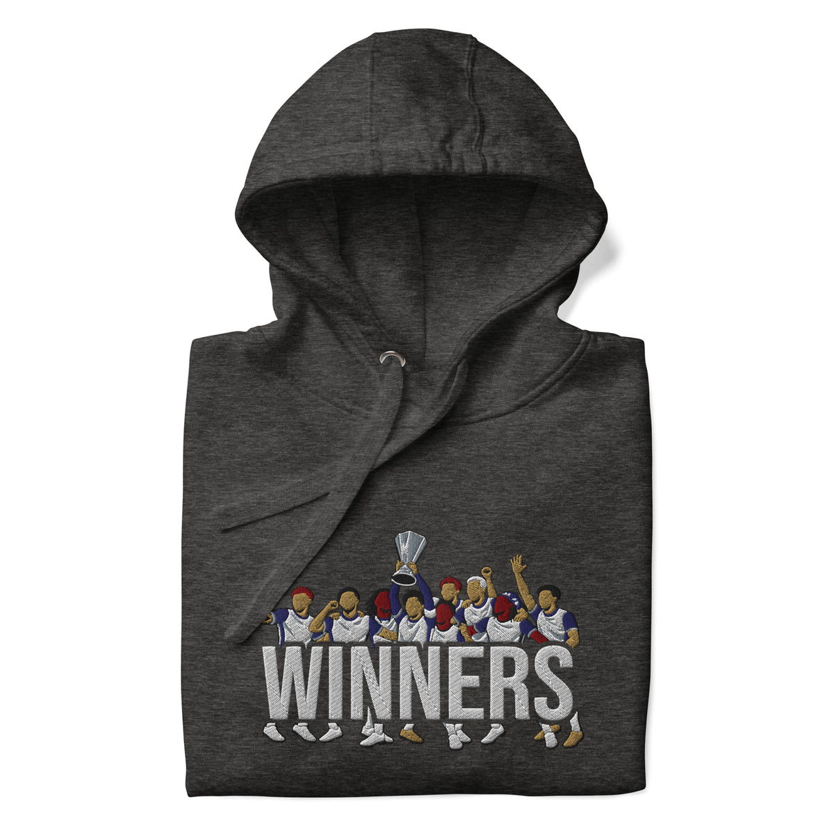 Tottenham Hotspur-inspired charcoal heather hoodie with trophy-lift embroidery and WINNERS lettering