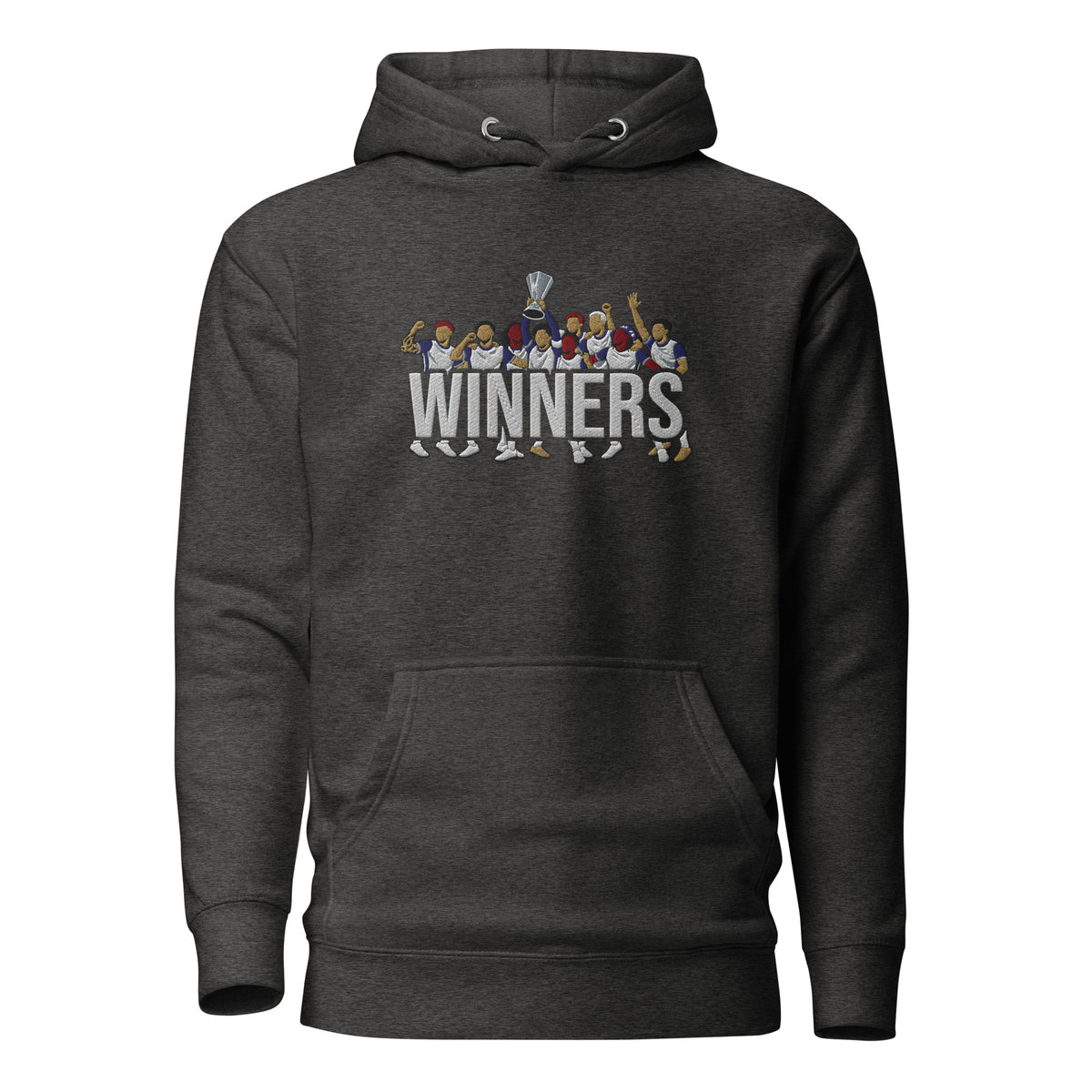 Tottenham Hotspur-inspired charcoal heather hoodie with trophy-lift embroidery and WINNERS lettering