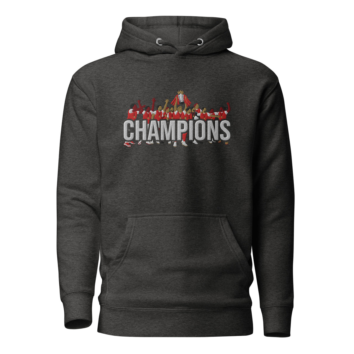 Arsenal-inspired charcoal heather hoodie with trophy-lift embroidery and CHAMPIONS lettering