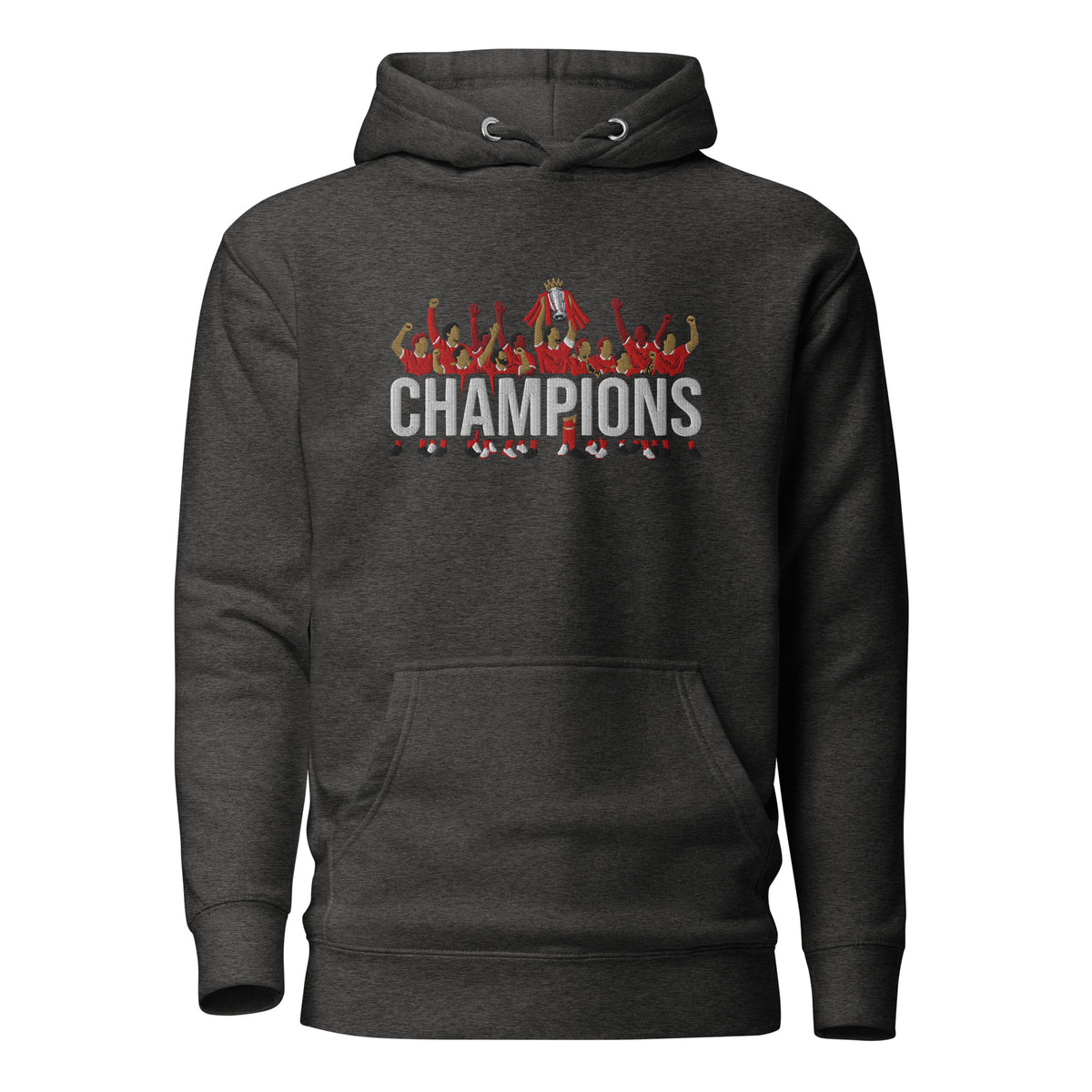 Liverpool-inspired charcoal heather hoodie with trophy-lift embroidery and CHAMPIONS lettering