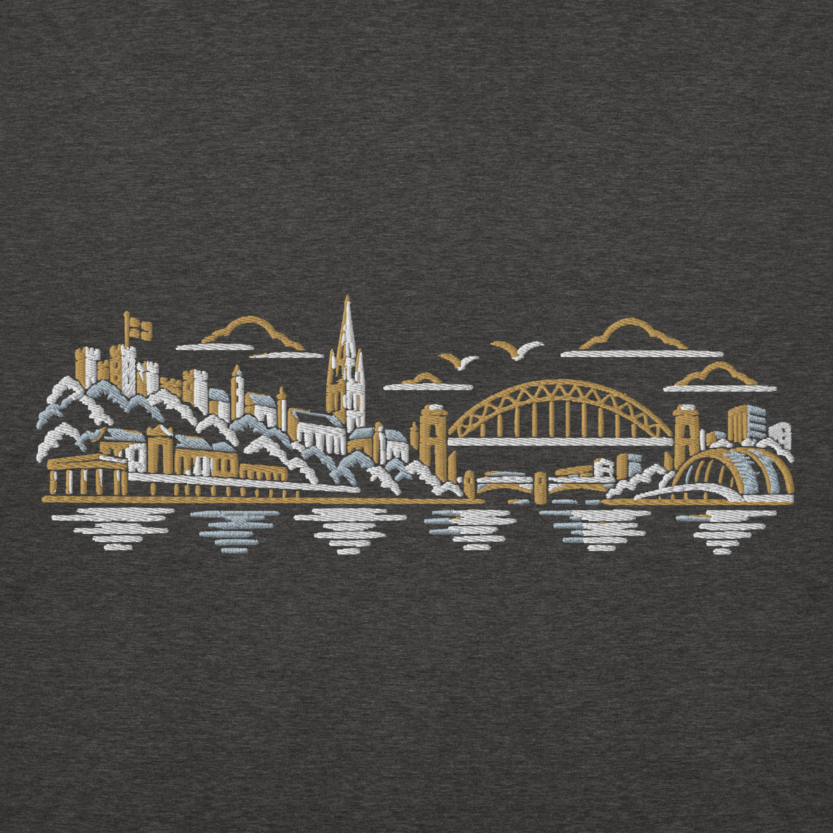 Newcastle United Inspired Newcastle Skyline Embroidered Football Hoodie in charcoal heather – front view