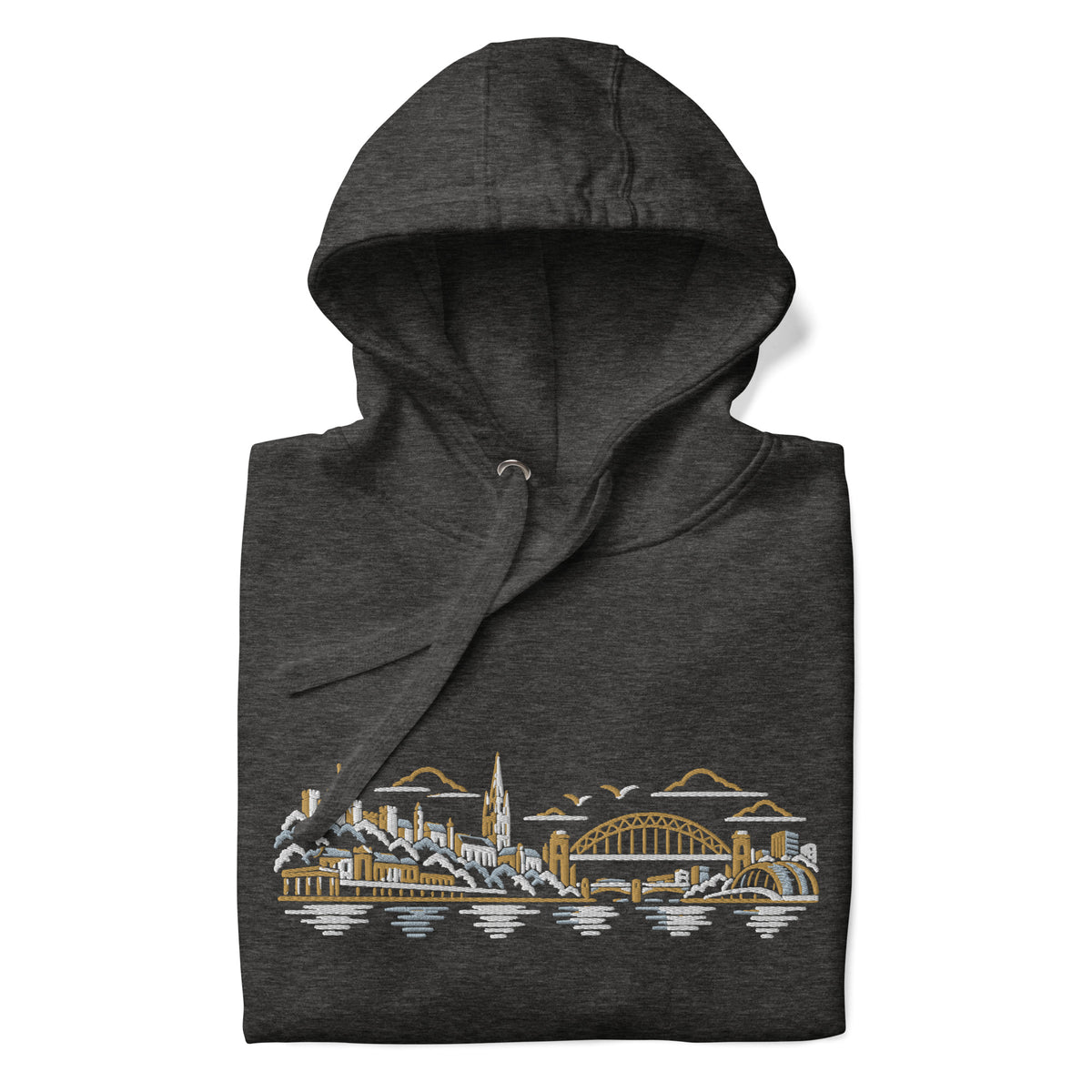 Newcastle United Inspired Newcastle Skyline Embroidered Football Hoodie in charcoal heather – front view