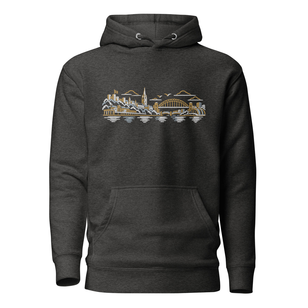 Newcastle United Inspired Newcastle Skyline Embroidered Football Hoodie in charcoal heather – front view