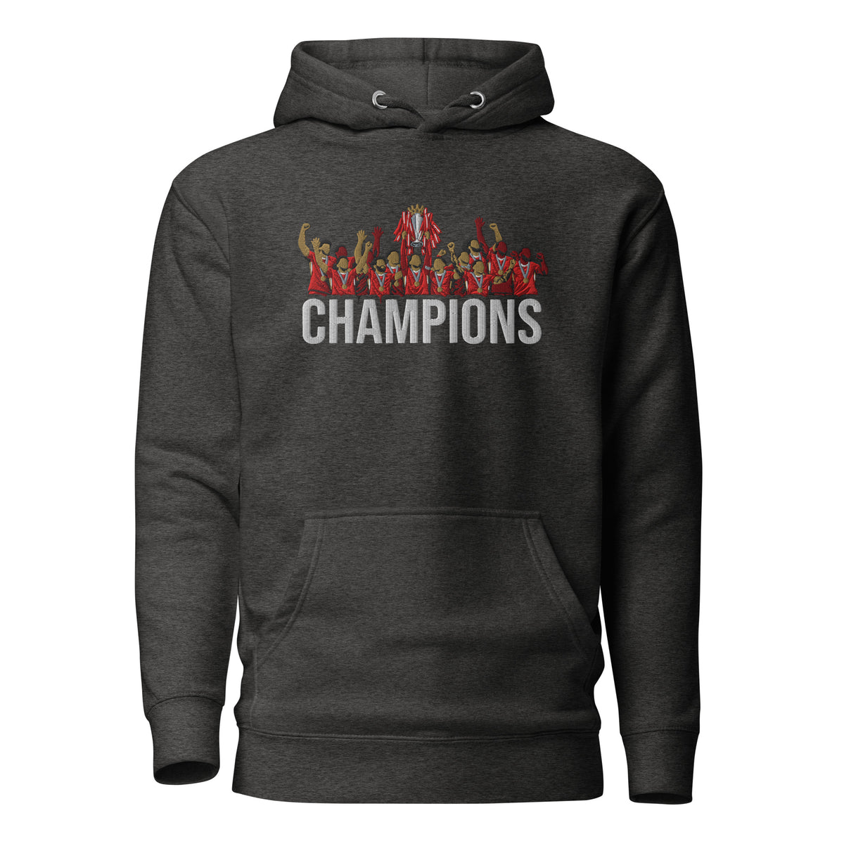 Liverpool inspired 2024/25 Premier League Champions trophy celebration embroidered hoodie in charcoal heather, embroidery and garment detail view