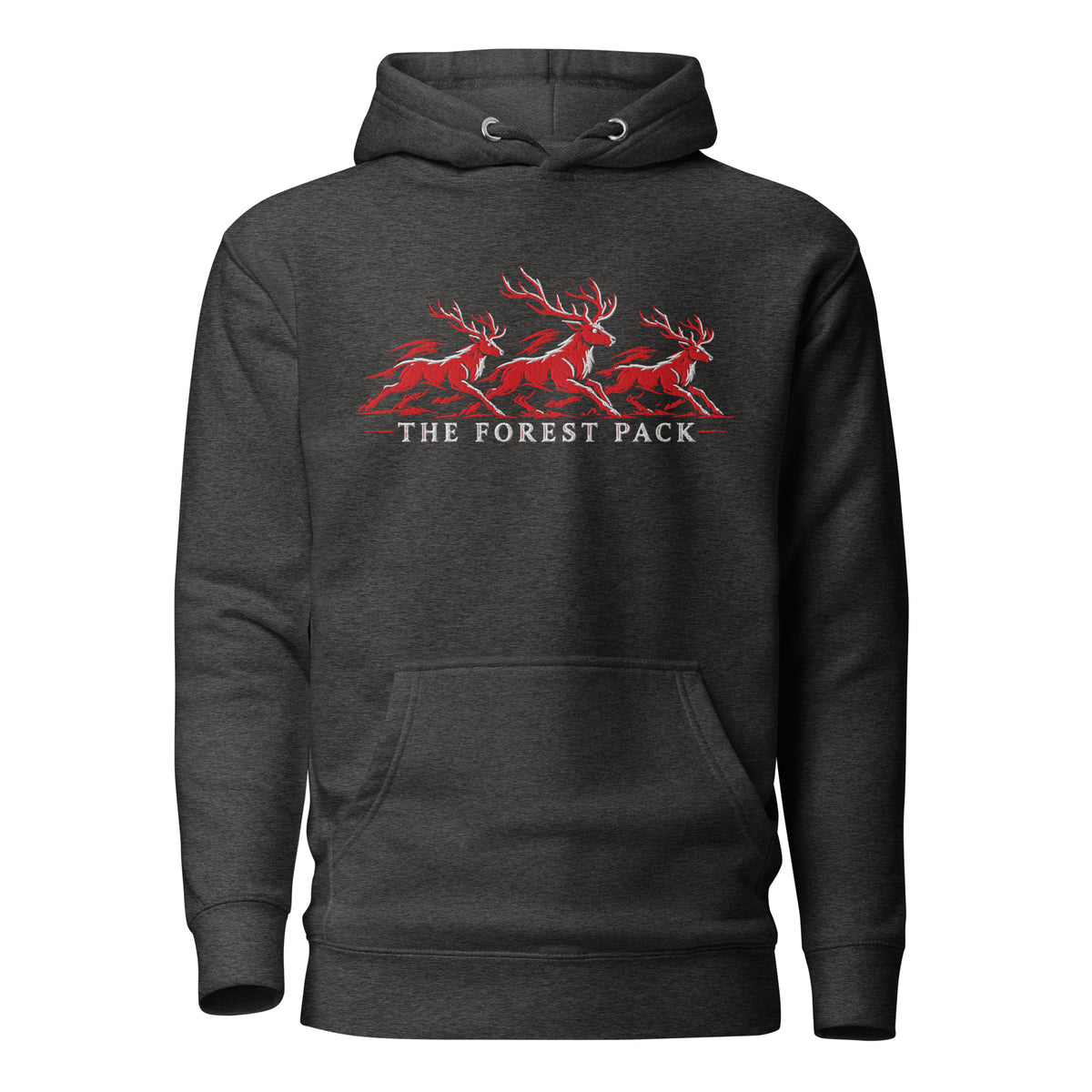 Nottingham Forest inspired Forest Pack red stags embroidered football hoodie in charcoal heather, embroidery and garment detail view