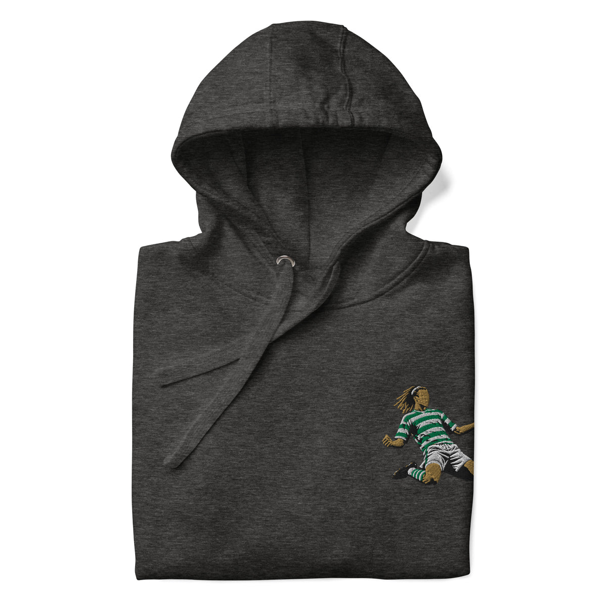 Henrik Larsson inspired Celtic embroidered football hoodie in charcoal heather, front view alternate mockup