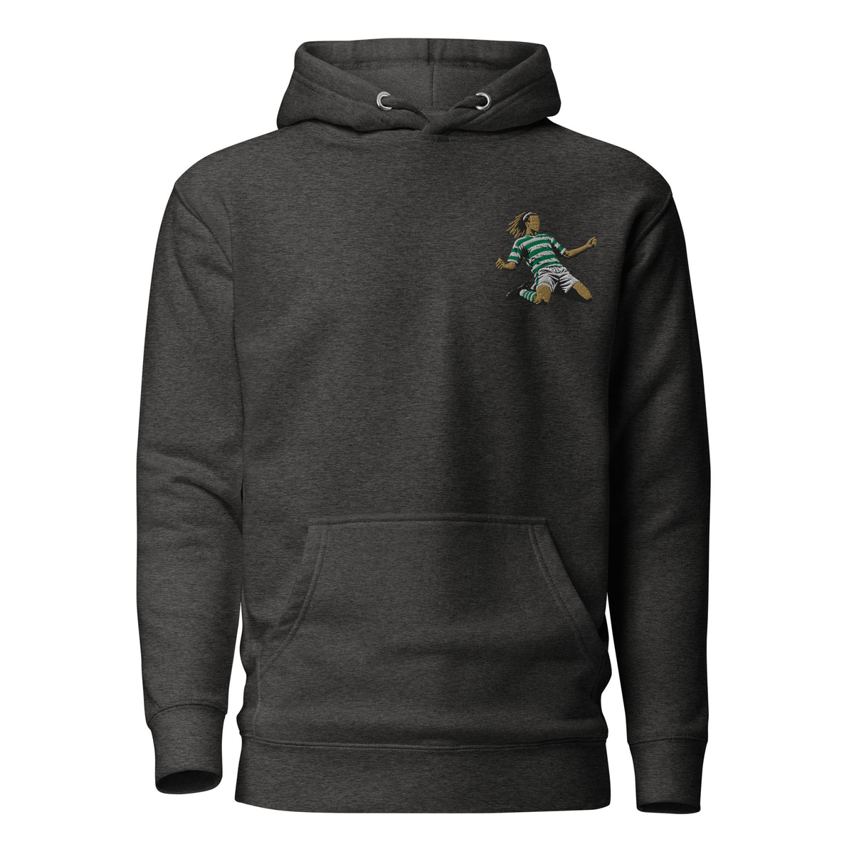 Henrik Larsson inspired Celtic embroidered football hoodie in charcoal heather, front view alternate mockup