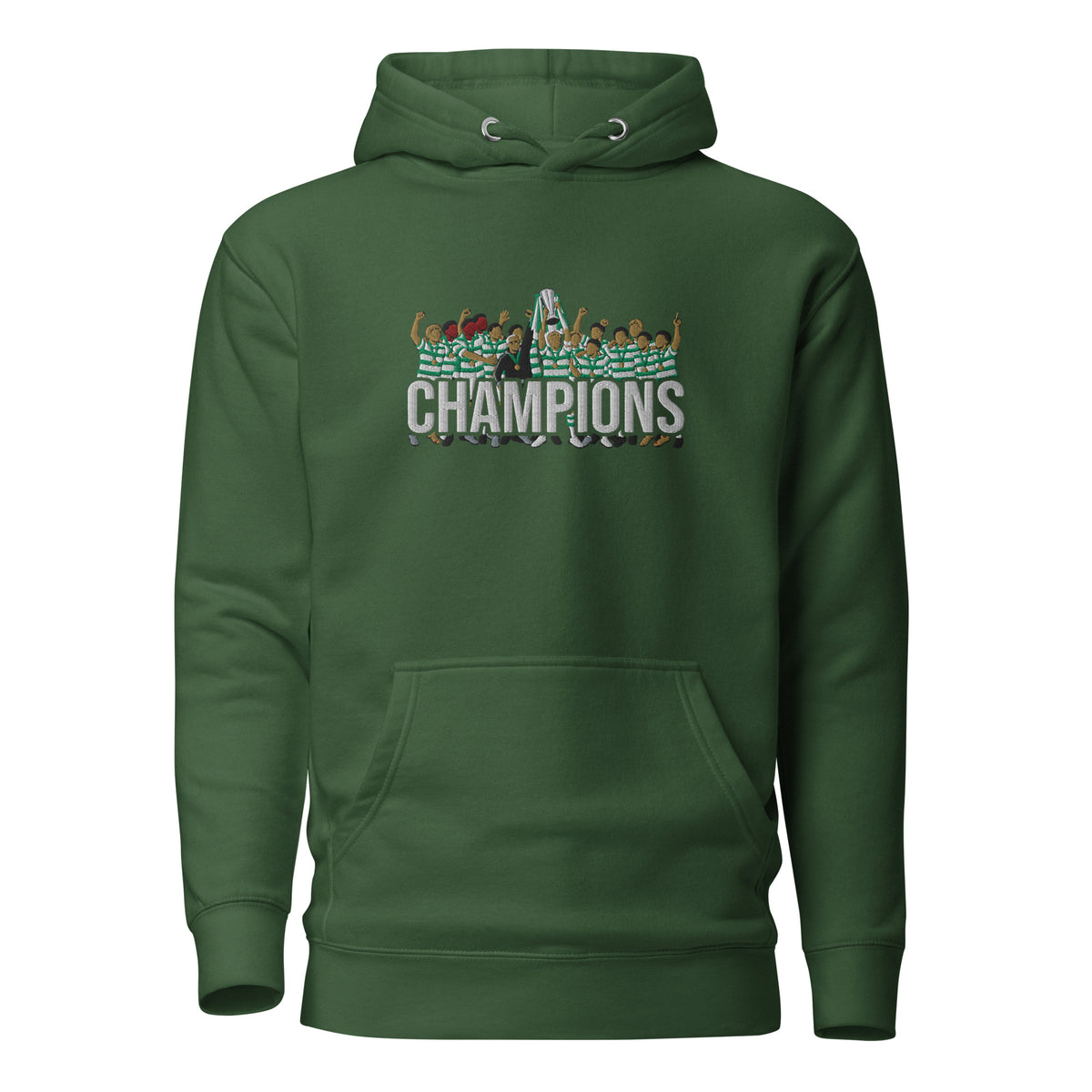 Full front view of Celtic-inspired forest green hoodie with trophy-lift embroidery and CHAMPIONS lettering