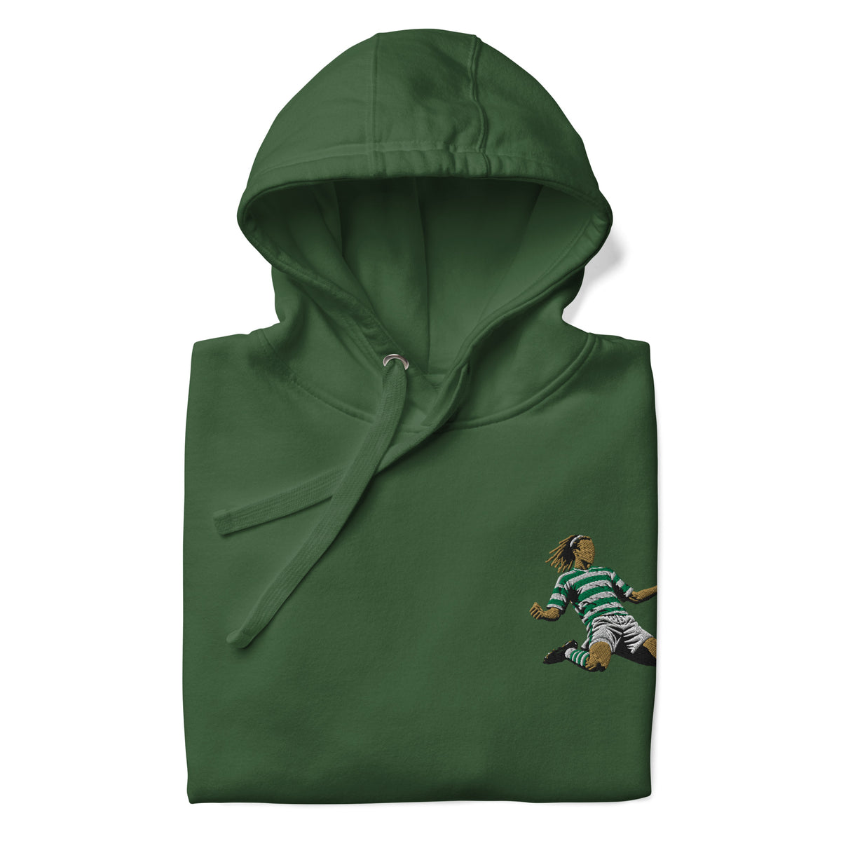 Henrik Larsson inspired Celtic embroidered football hoodie in forest green, front view alternate mockup