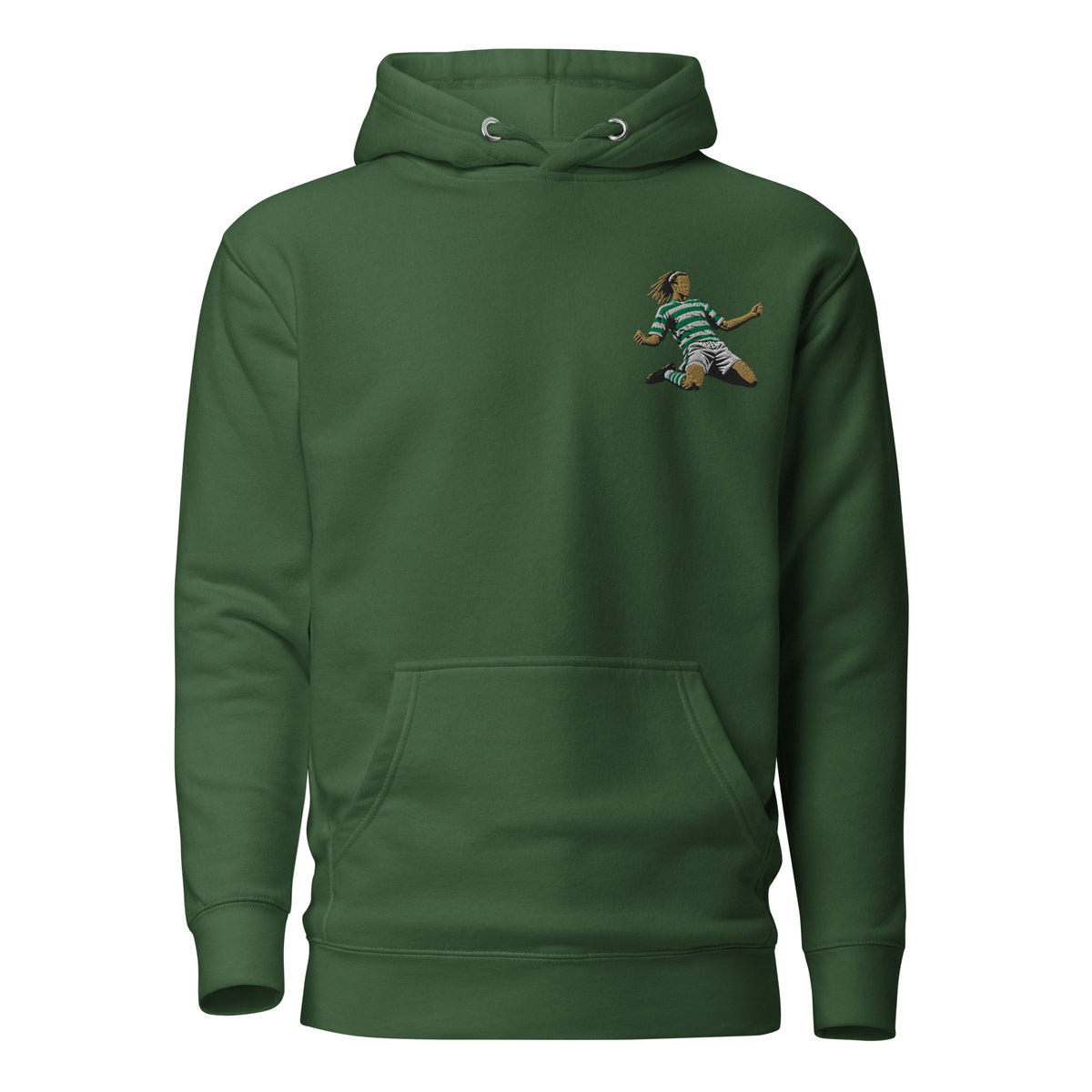 Henrik Larsson inspired Celtic embroidered football hoodie in forest green, front view alternate mockup