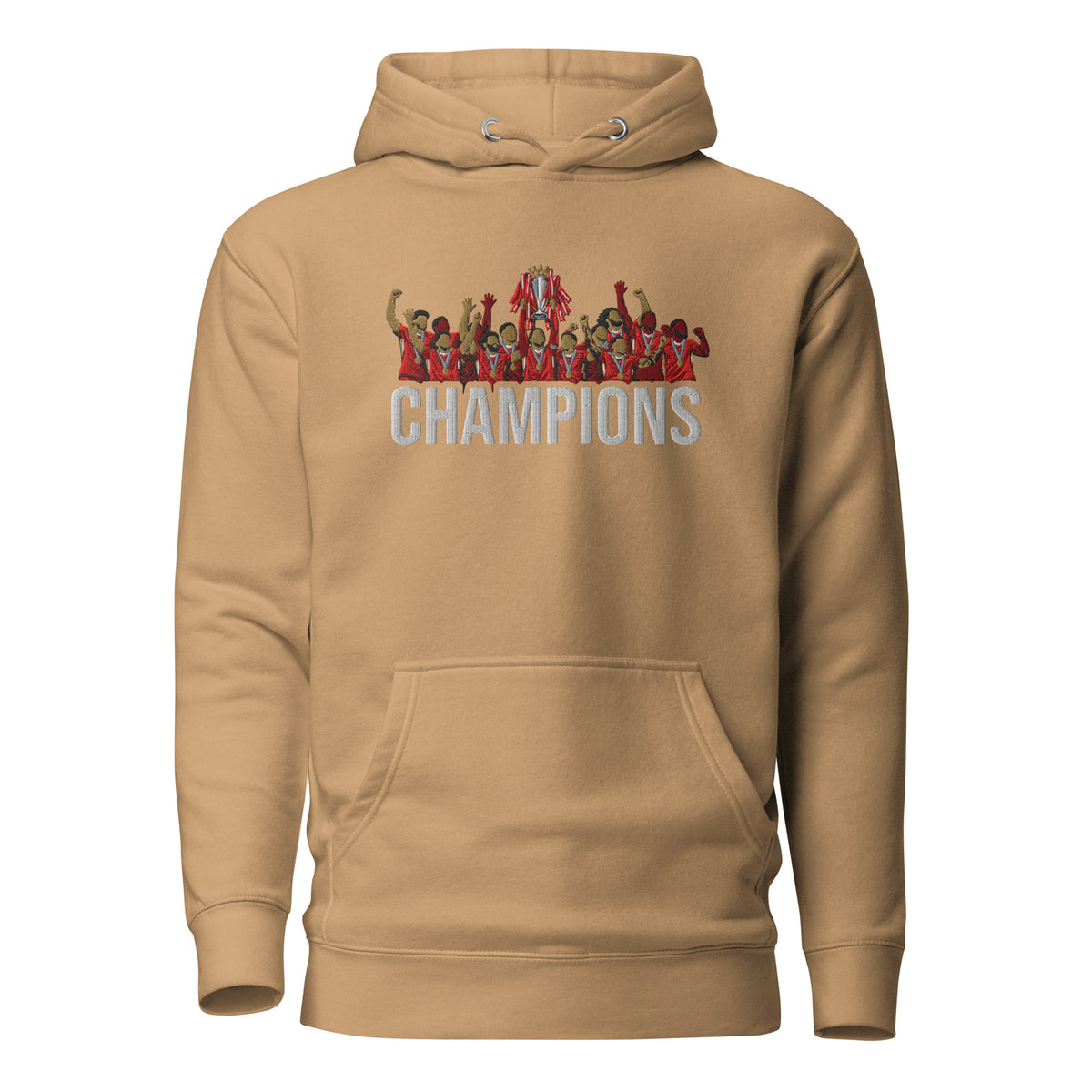 Liverpool inspired 2024/25 Premier League Champions trophy celebration embroidered hoodie in khaki, embroidery and garment detail view
