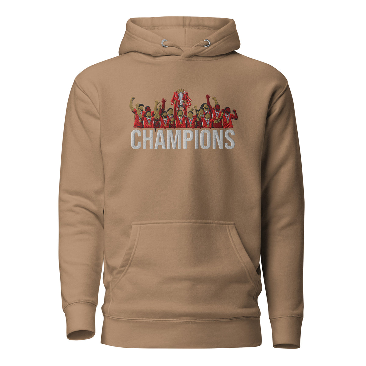 Liverpool inspired 2024/25 Premier League Champions trophy celebration embroidered hoodie in latte, embroidery and garment detail view
