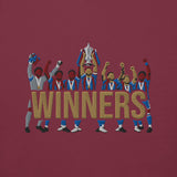 Embroidery close-up of Crystal Palace-inspired maroon hoodie with trophy-lift embroidery and WINNERS lettering