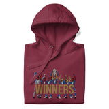 Folded hood-up view of Crystal Palace-inspired maroon hoodie with trophy-lift embroidery and WINNERS lettering