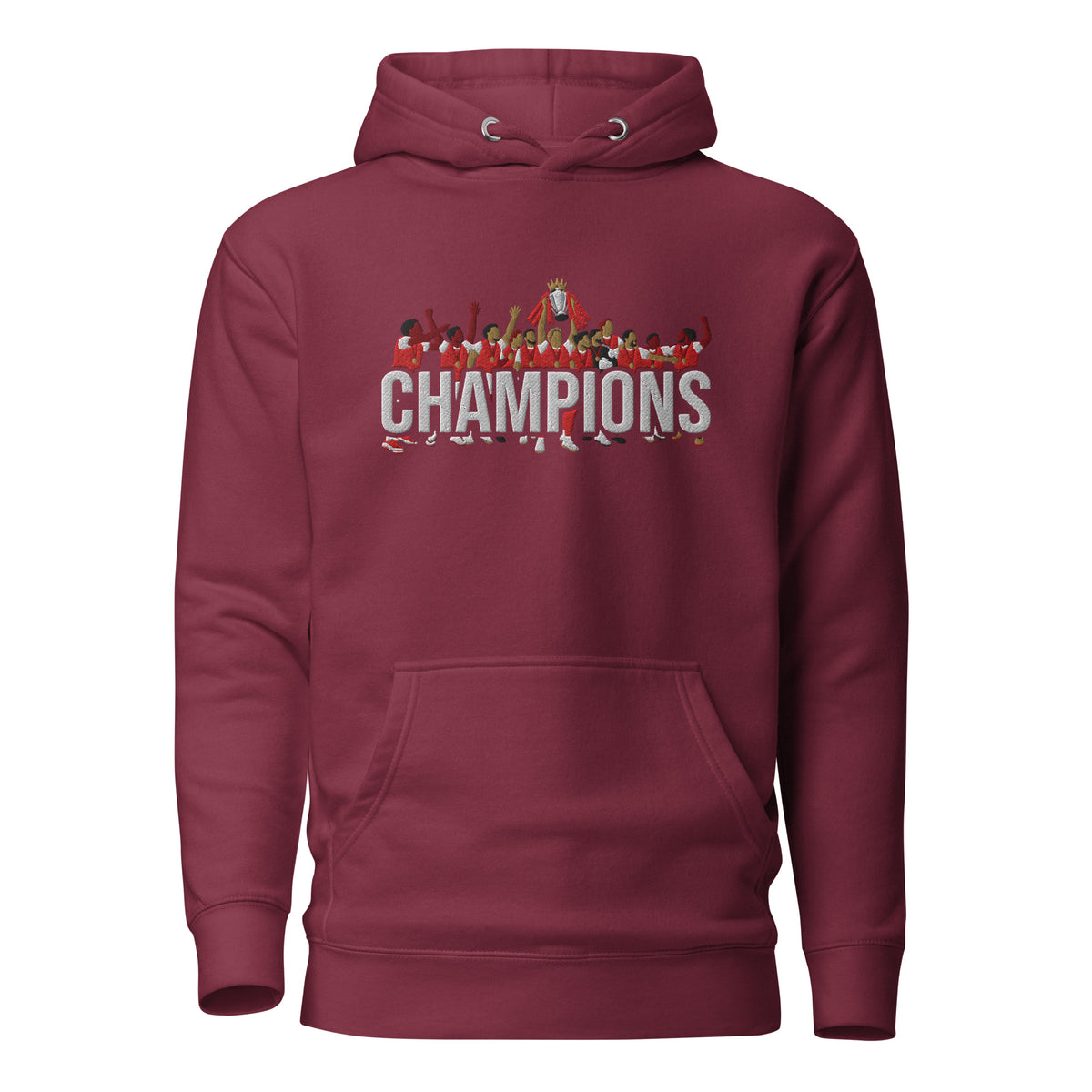 Arsenal-inspired maroon hoodie with trophy-lift embroidery and CHAMPIONS lettering