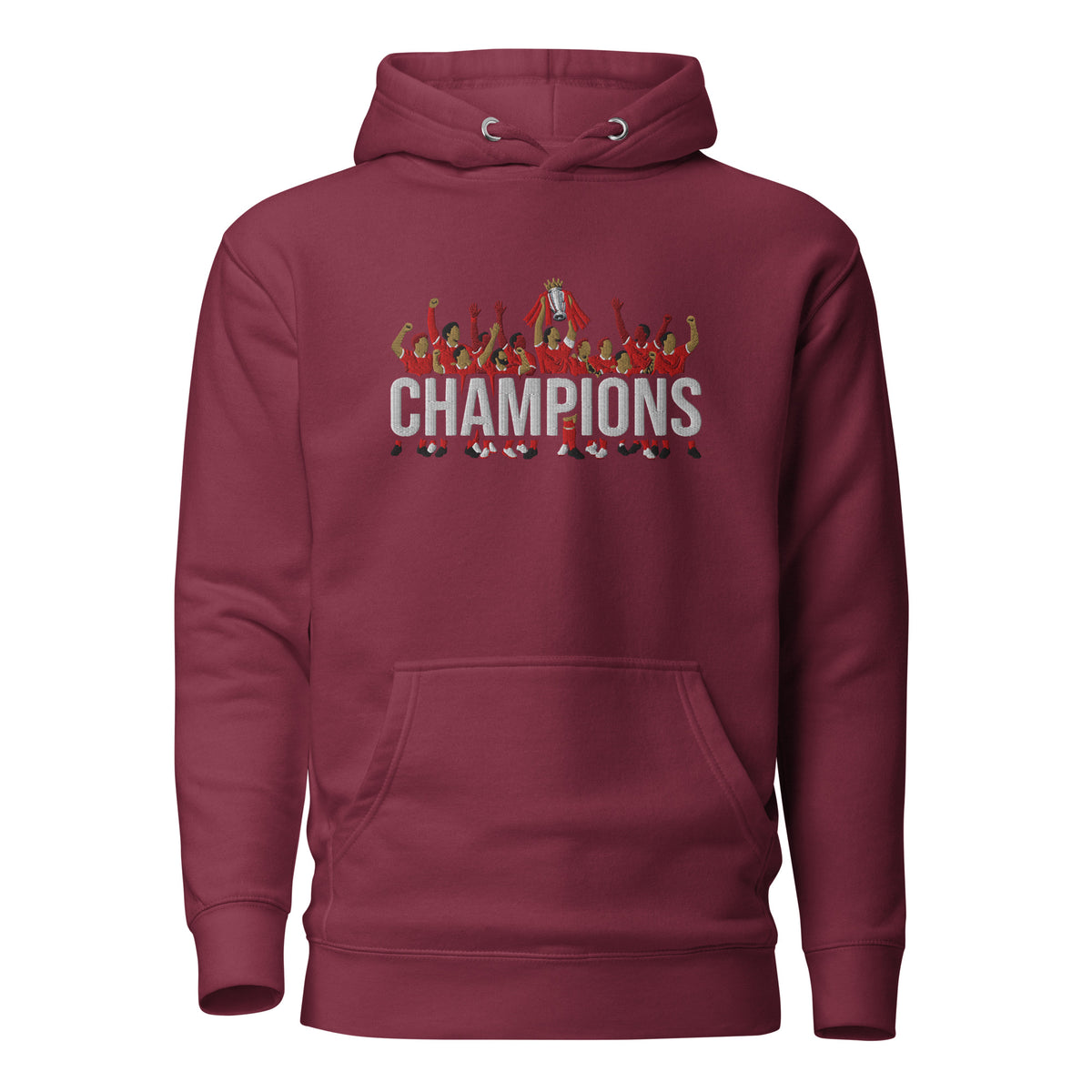 Liverpool-inspired maroon hoodie with trophy-lift embroidery and CHAMPIONS lettering