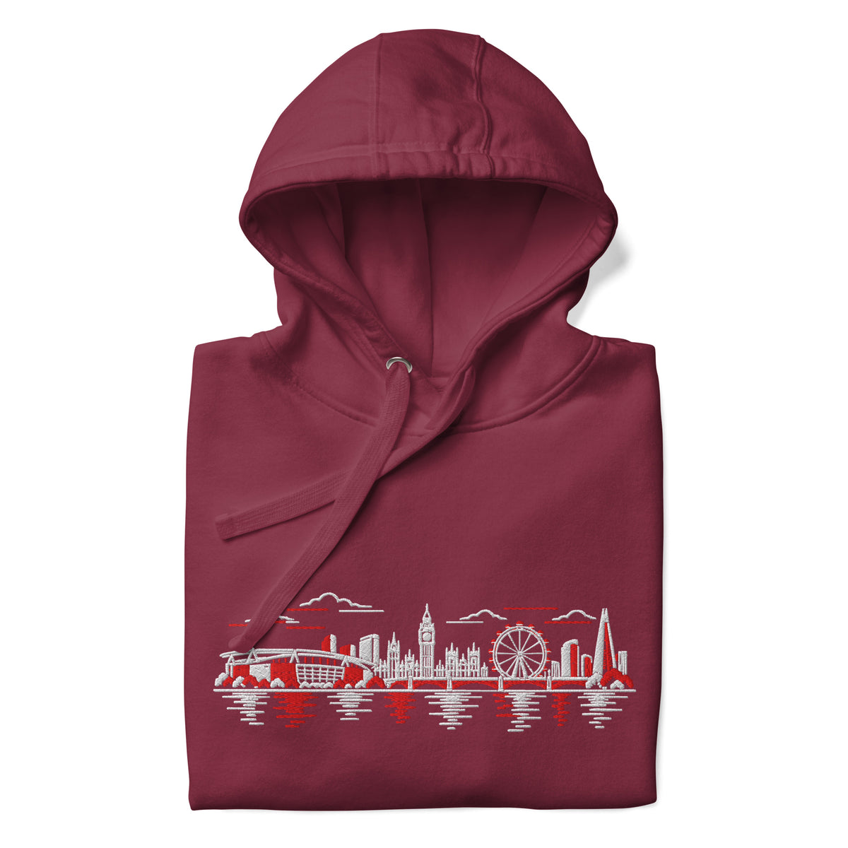 Arsenal Inspired North London Skyline Embroidered Football Hoodie in maroon – front view