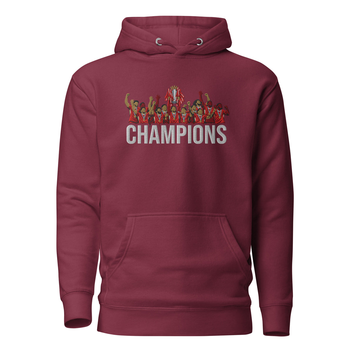 Liverpool inspired 2024/25 Premier League Champions trophy celebration embroidered hoodie in maroon, embroidery and garment detail view