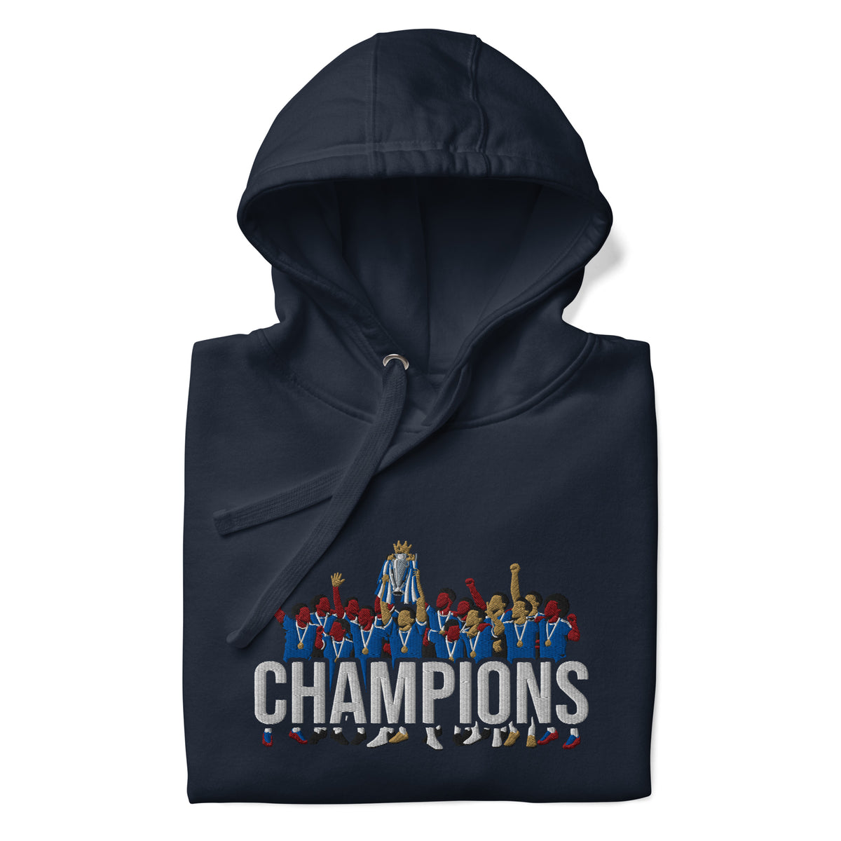 Folded hood-up view of Chelsea-inspired navy blazer hoodie with trophy-lift embroidery and CHAMPIONS lettering