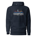 Chelsea Premier League Champions inspired embroidered football hoodie in navy blazer, product mockup view 3